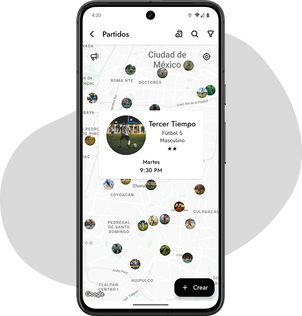 Únete a partidos de fútbol cercanos a tu ubicación.