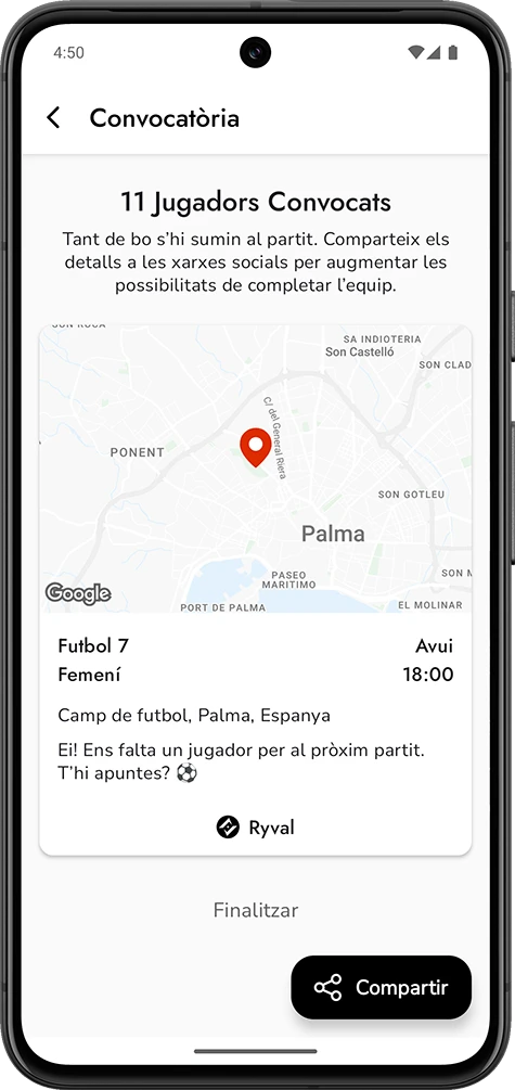 Convoca els jugadors propers a la ubicació del partit i completa l’equip.