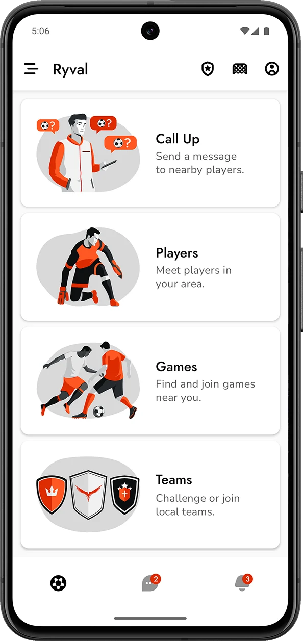 Ryval App main screen, playing soccer nearby