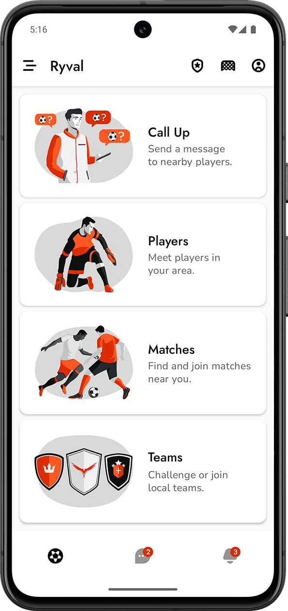 Ryval App Main Screen, playing football nearby