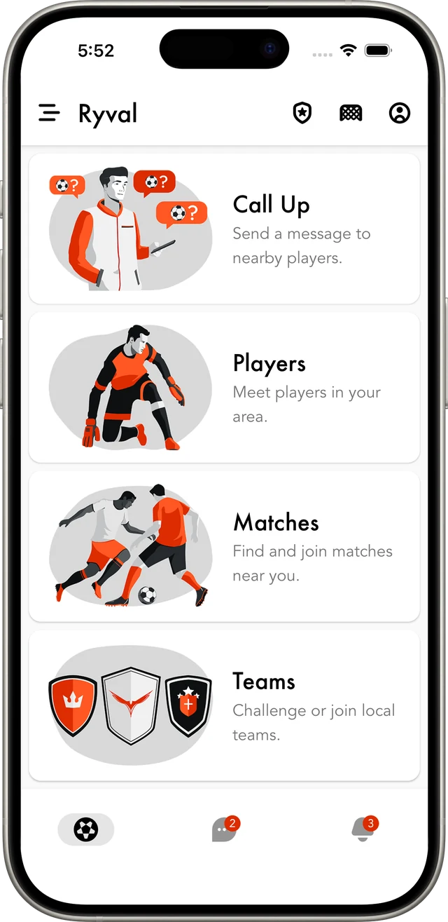 Ryval app main screen, football games near you