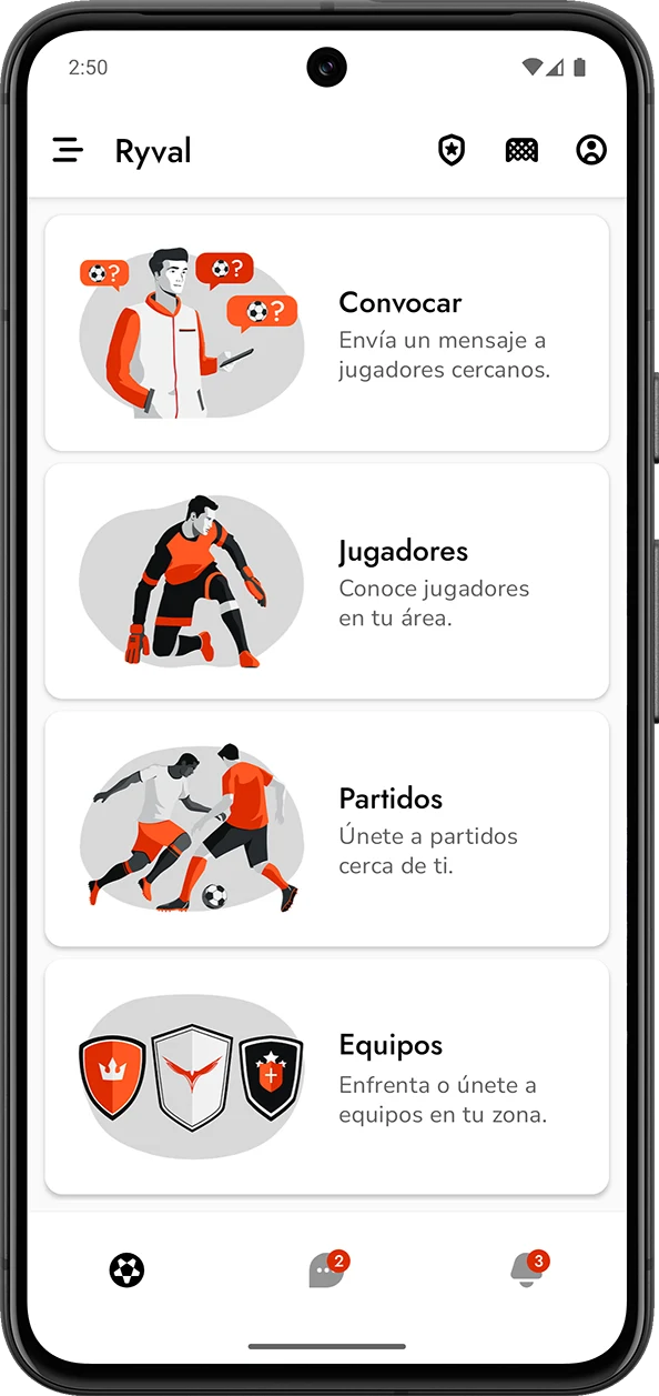 Pantalla Principal de la App Ryval, aplicación para jugar fútbol