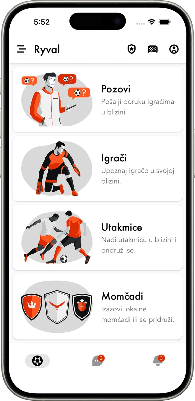 Glavni zaslon aplikacije Ryval, aplikacije za nogomet s igračima iz kvarta