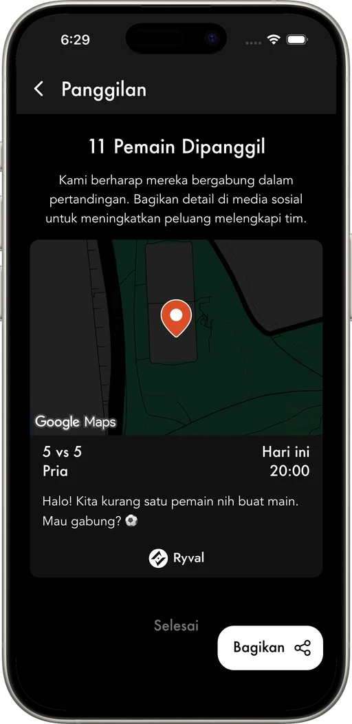 Panggil pemain di dekat lokasi pertandingan dan lengkapi tim.
