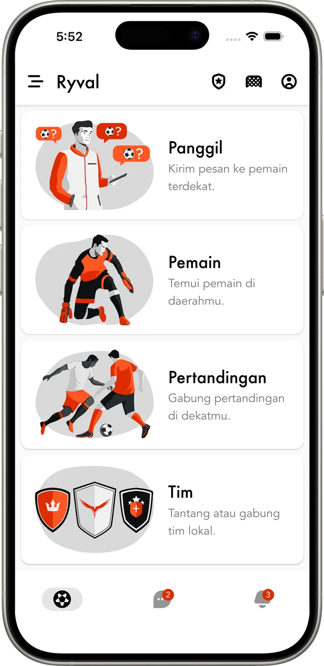 Layar utama aplikasi Ryval, aplikasi buat main bola dan cari lawan