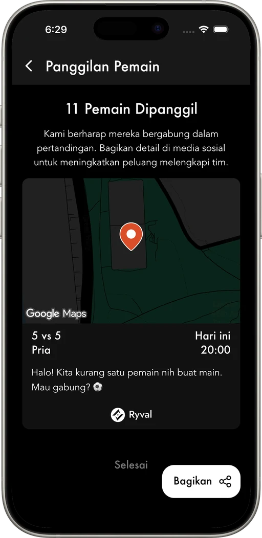 Panggil pemain di dekat lokasi pertandingan dan lengkapi tim.