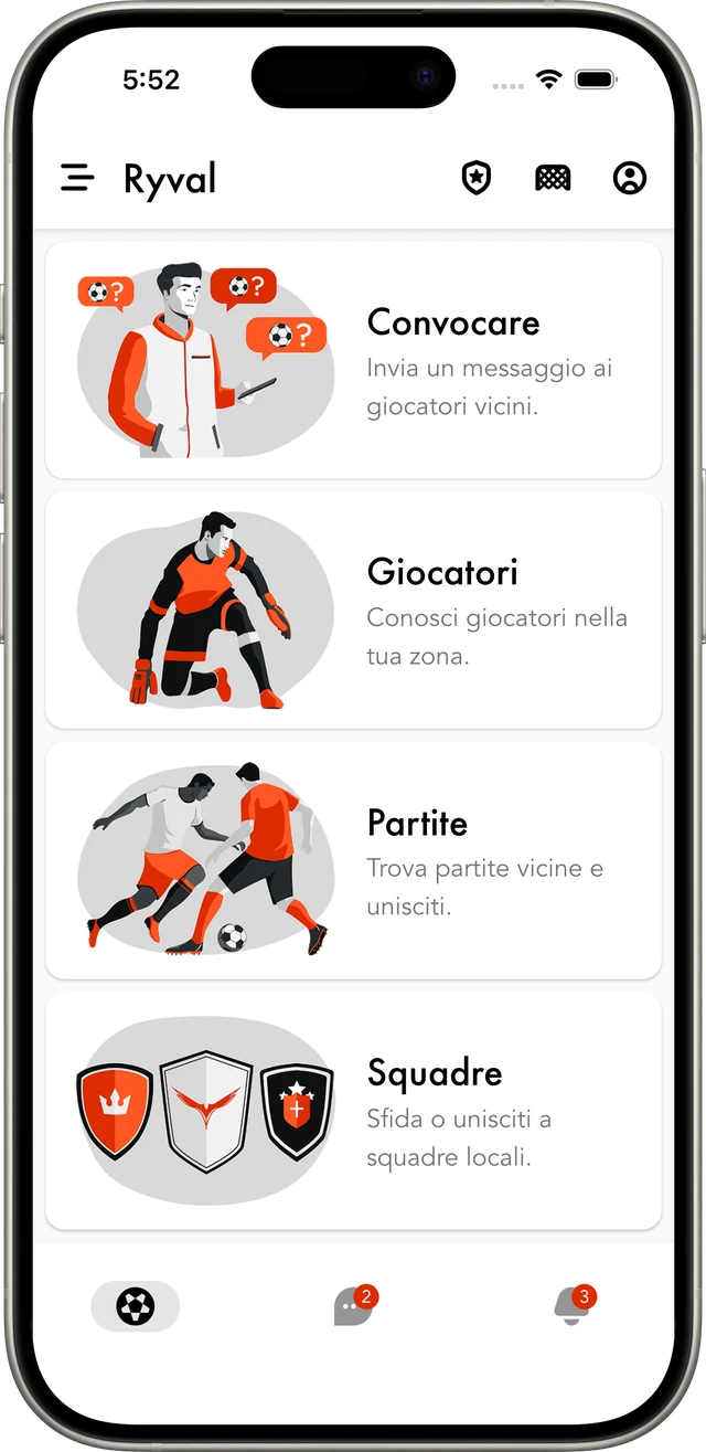 Schermata principale dell'app Ryval, per giocare a calcetto vicino a te
