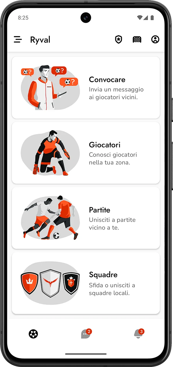 Schermata Principale dell'App Ryval, per giocare a calcio nelle vicinanze