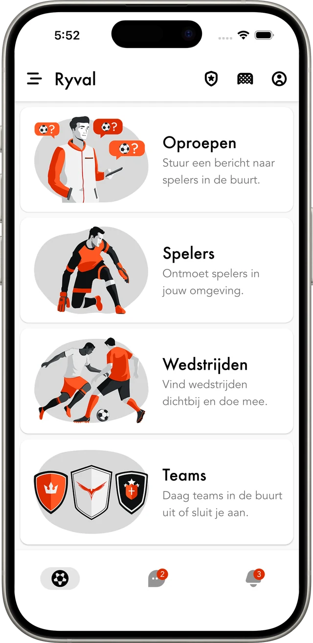 Hoofdscherm van de Ryval app, voetballen bij jou in de buurt