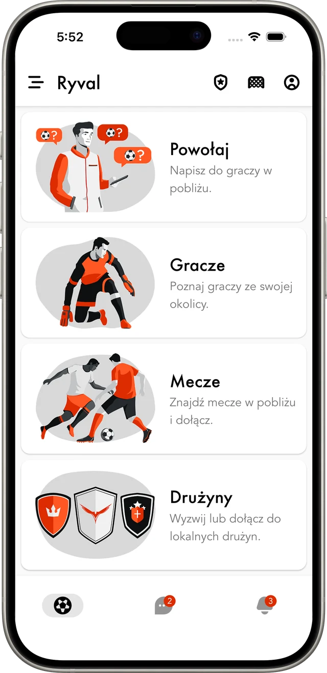 Ekran główny aplikacji Ryval, aplikacji do gry w piłkę nożną
