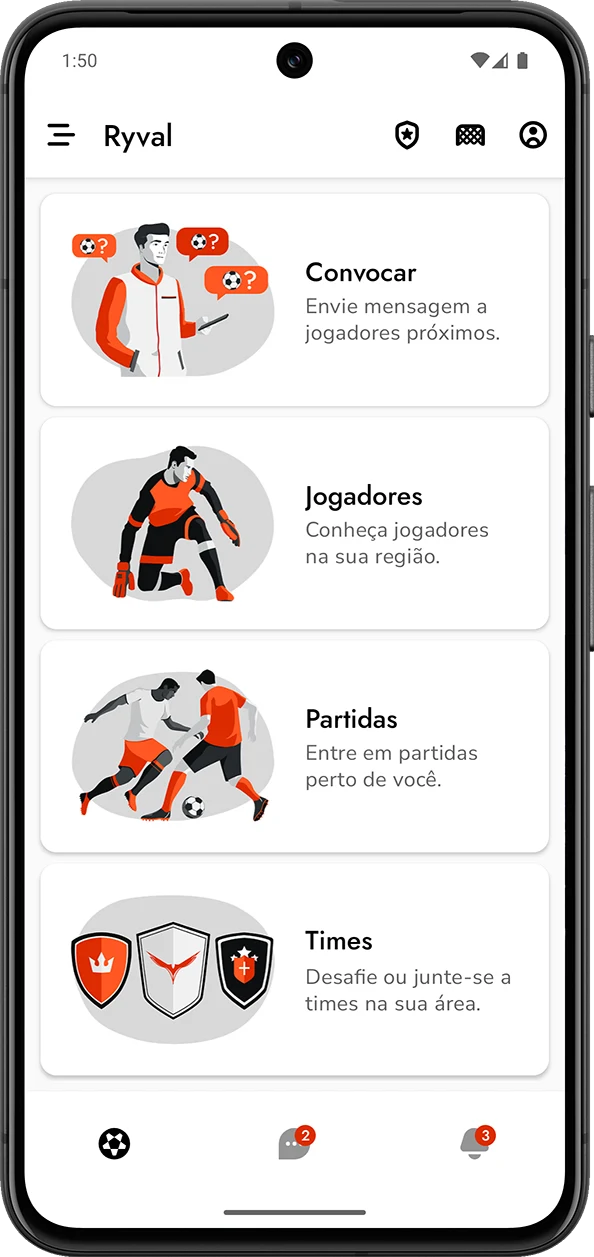 Tela Principal do App Ryval, o aplicativo para jogar futebol