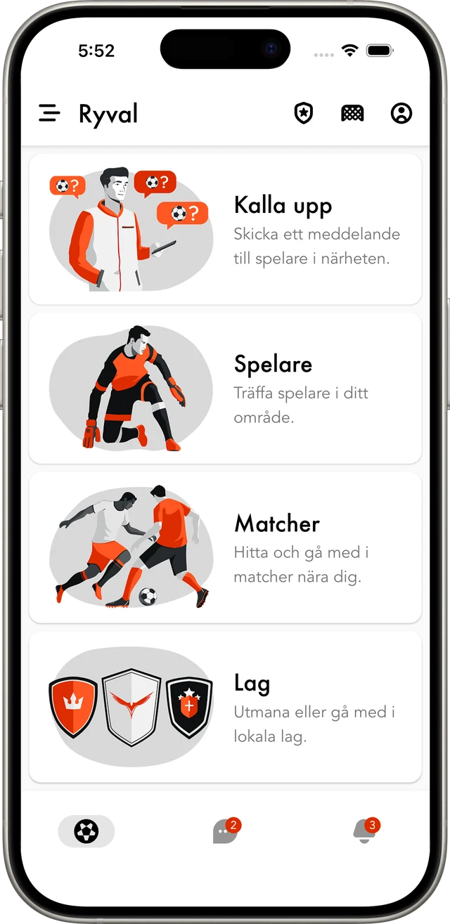 Startskärmen i appen Ryval, appen för att hitta fotbollsmatcher och spelare nära dig