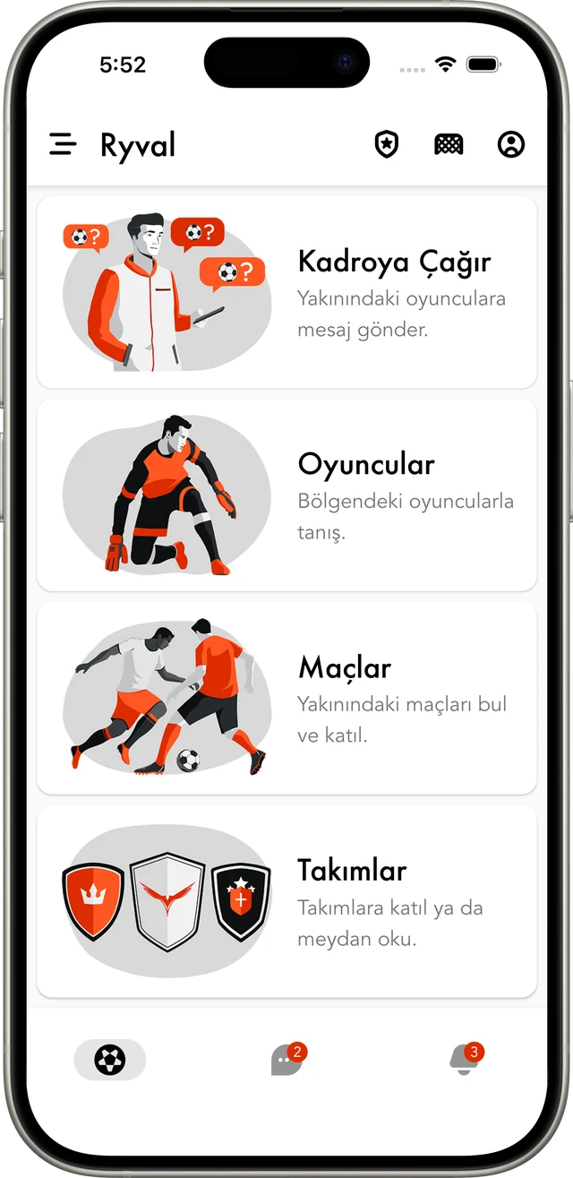 Ryval uygulamasının ana ekranı, halı saha maçı bulma uygulaması