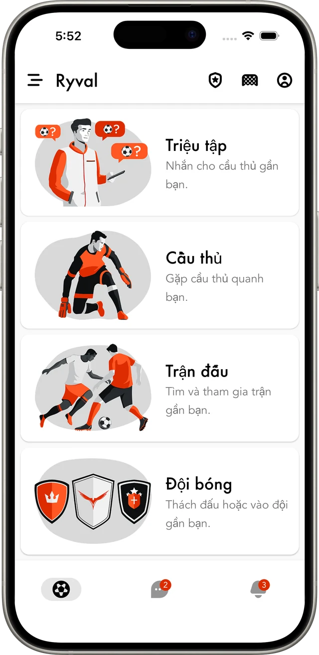 Màn hình chính của Ryval, app bóng đá phủi tìm người đá cùng quanh sân của bạn